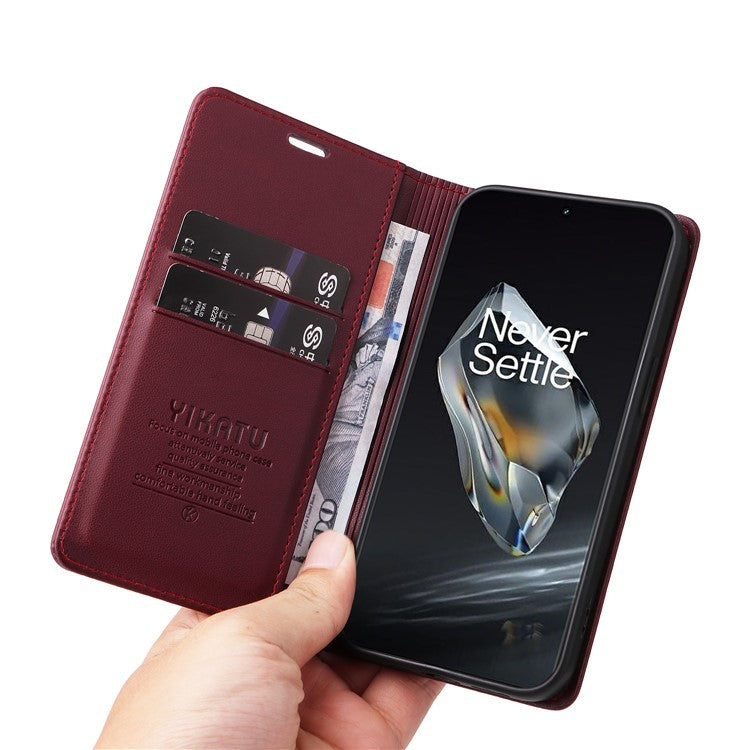 YIKATU YK-001 For OnePlus 12 5G Wallet Case PU Leather Phone Cover Magnetic Closing - Wine Red
