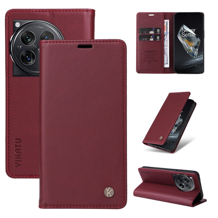 YIKATU YK-001 For OnePlus 12 5G Wallet Case PU Leather Phone Cover Magnetic Closing - Wine Red