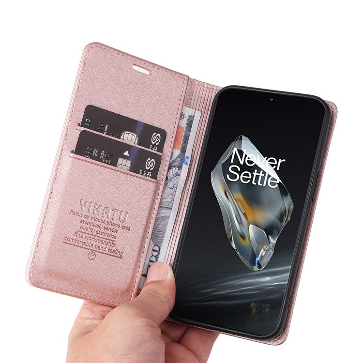 YIKATU YK-001 For OnePlus 12 5G Wallet Case PU Leather Phone Cover Magnetic Closing - Rose Gold