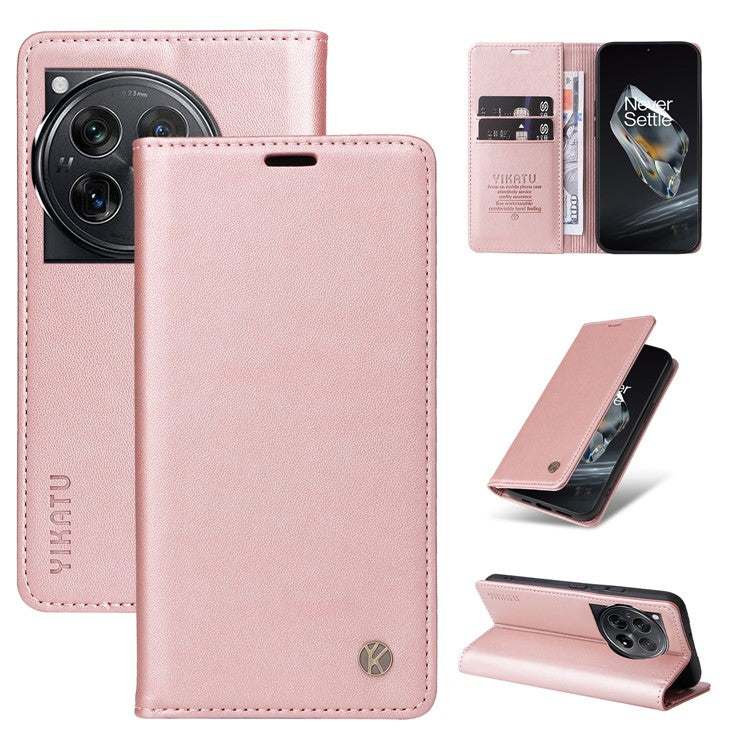 YIKATU YK-001 For OnePlus 12 5G Wallet Case PU Leather Phone Cover Magnetic Closing - Rose Gold