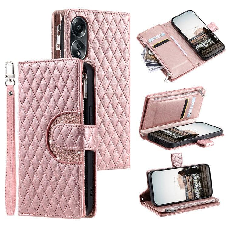 Style 012 for Oppo A58 4G Zipper Wallet Case Rhombus PU Leather Drop-proof Phone Cover - Rose Gold