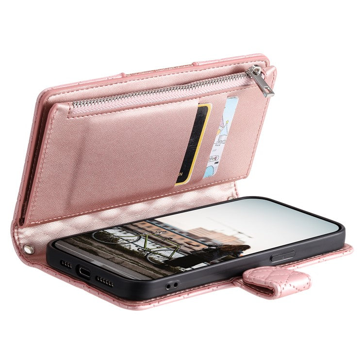 Style 012 for Oppo A58 4G Zipper Wallet Case Rhombus PU Leather Drop-proof Phone Cover - Rose Gold