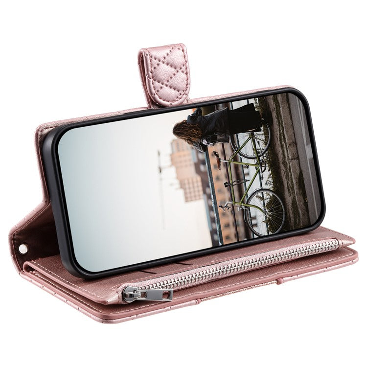 Style 012 for Oppo A58 4G Zipper Wallet Case Rhombus PU Leather Drop-proof Phone Cover - Rose Gold