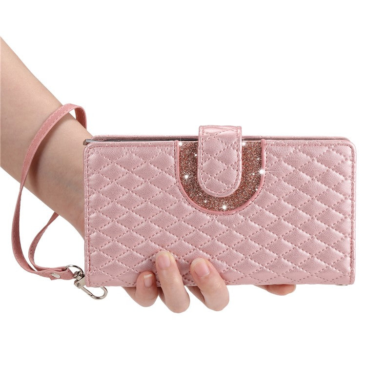 Style 012 for Oppo A58 4G Zipper Wallet Case Rhombus PU Leather Drop-proof Phone Cover - Rose Gold
