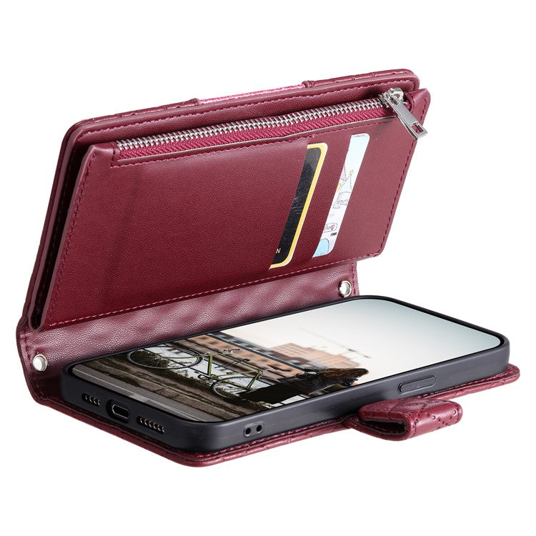 Style 012 for Oppo A58 4G Zipper Wallet Case Rhombus PU Leather Drop-proof Phone Cover - Wine Red