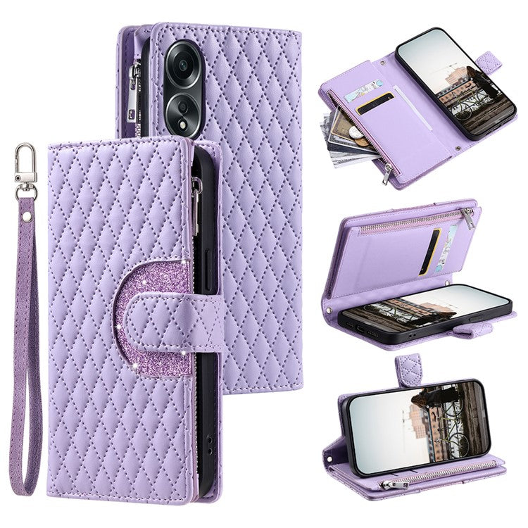 Style 012 for Oppo A58 4G Zipper Wallet Case Rhombus PU Leather Drop-proof Phone Cover - Purple
