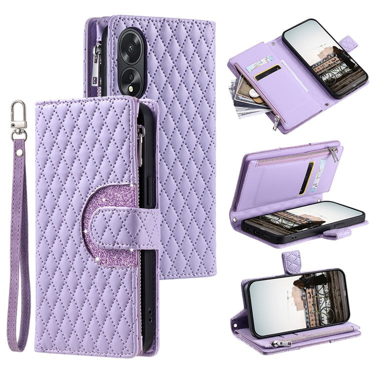 Style 012 for Oppo A38 4G / A18 4G Zipper Wallet Cover Glitter Powder Phone Protective Case with Strap - Purple