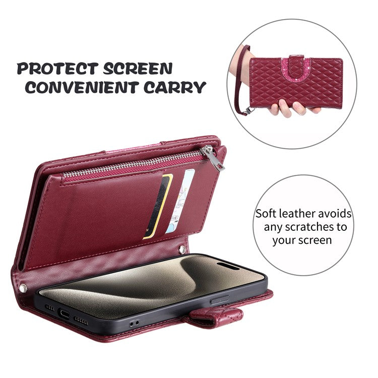 Style 012 for Oppo A38 4G / A18 4G Zipper Wallet Cover Glitter Powder Phone Protective Case with Strap - Wine Red