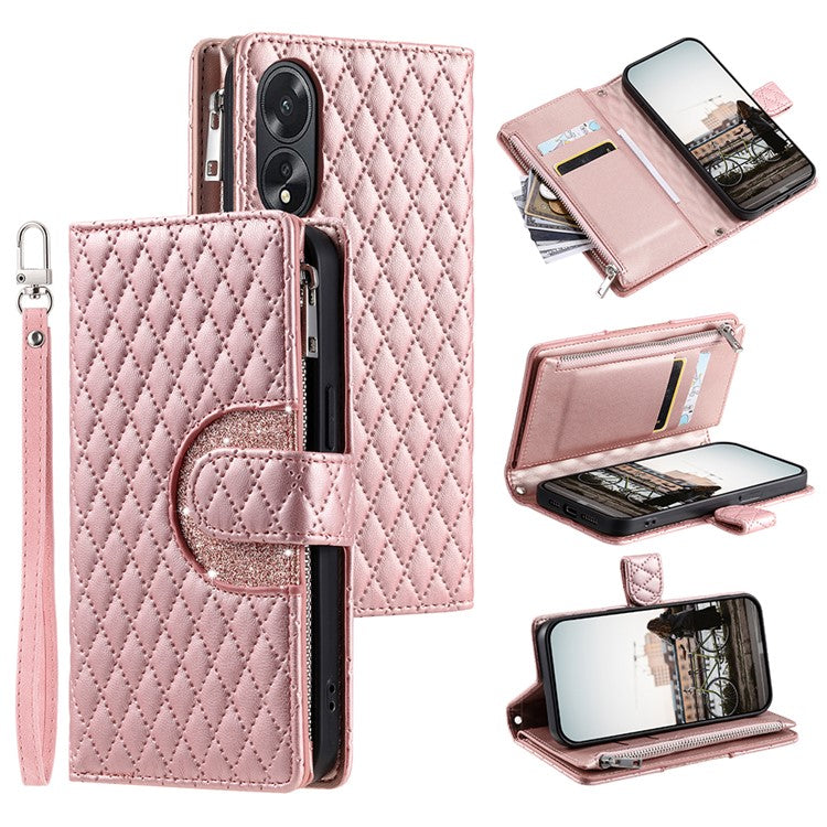 Style 012 for Oppo A38 4G / A18 4G Zipper Wallet Cover Glitter Powder Phone Protective Case with Strap - Rose Gold