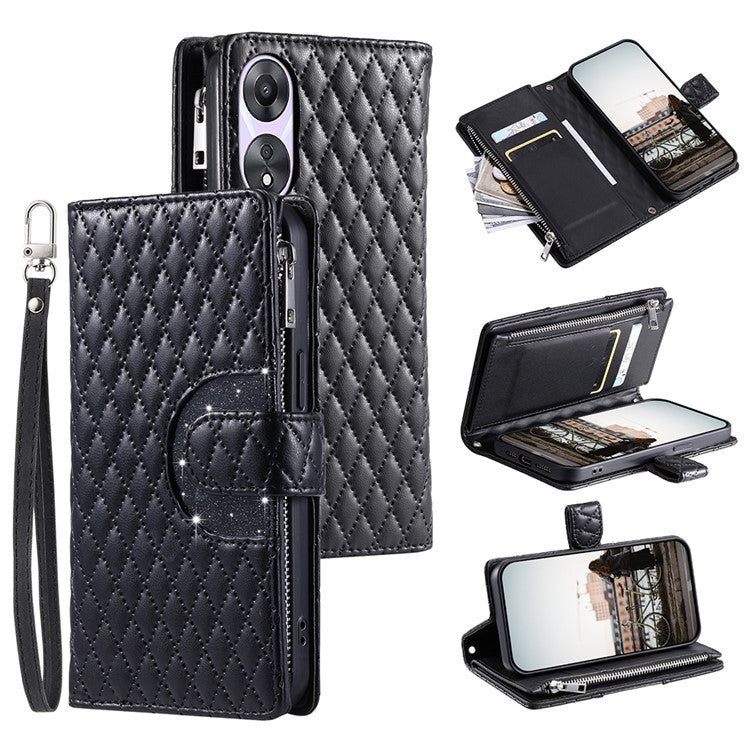 Style 012 for Oppo A58 5G Case Rhombus PU Leather Wallet Phone Cover - Black