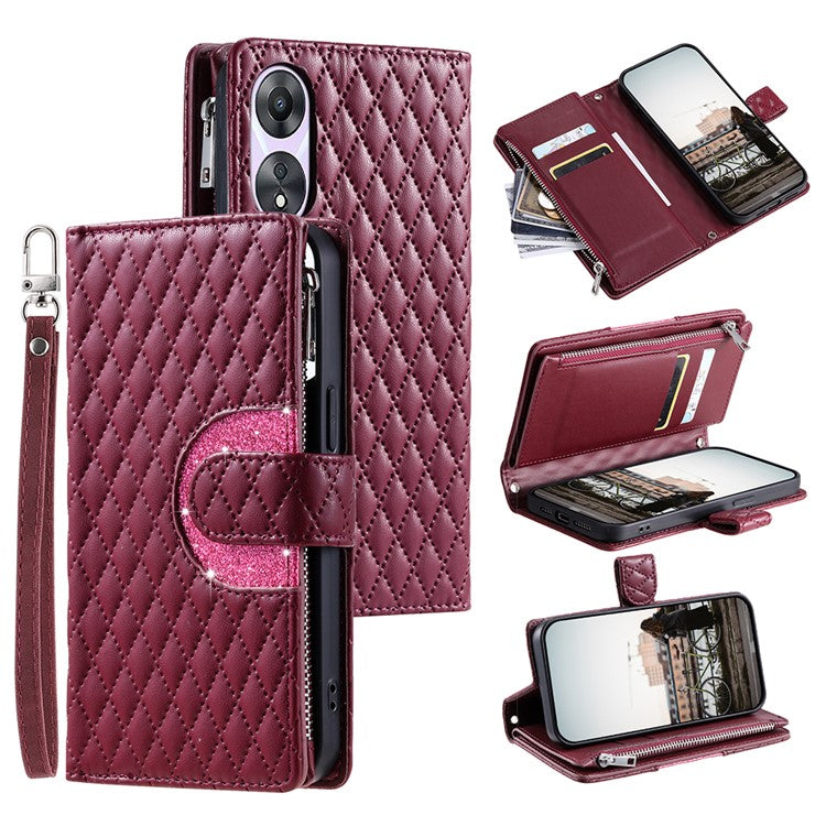 Style 012 for Oppo A58 5G Case Rhombus PU Leather Wallet Phone Cover - Wine Red