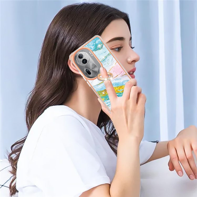 YB IMD Series-10 For Oppo Reno11 Pro 5G (Global) Case IMD Marble Pattern TPU Kickstand Phone Cover - Green 004