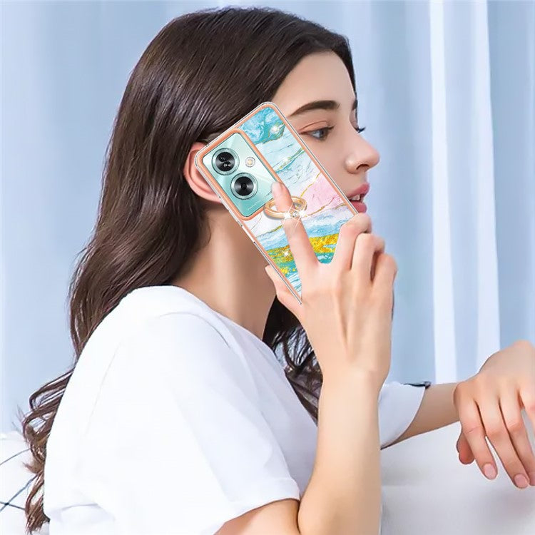 YB IMD Series-10 For Oppo A79 5G / A2 5G Cell Phone Case Marble Pattern TPU Cover with Ring Kickstand - Green 004