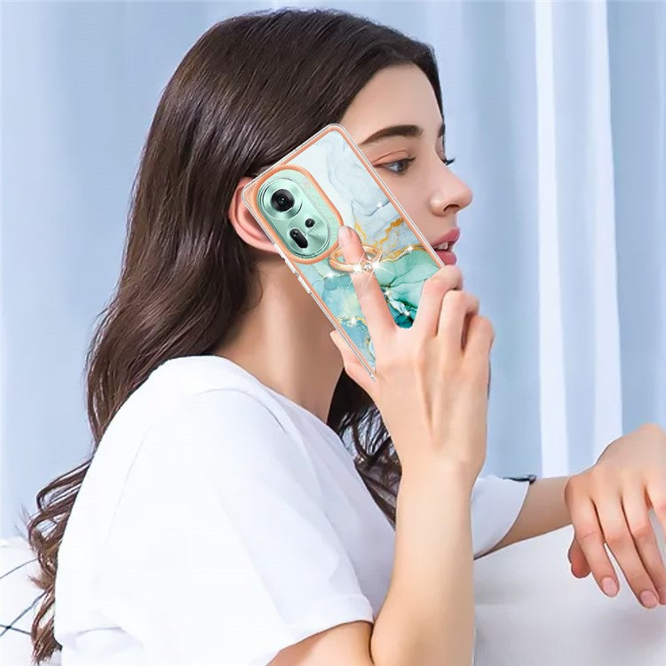 YB IMD Series-10 For Oppo Reno11 5G (Global) Case TPU Ring Kickstand Cover Electroplating Design - Green 003