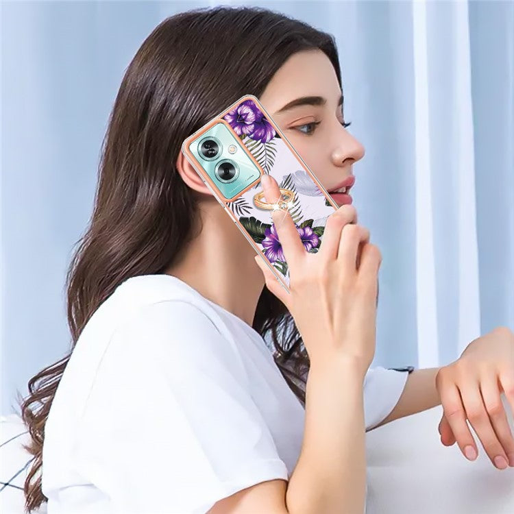 YB IMD Series-6 For Oppo A79 5G / A2 5G TPU Case Kickstand Electroplating IMD Phone Cover - Purple Flowers