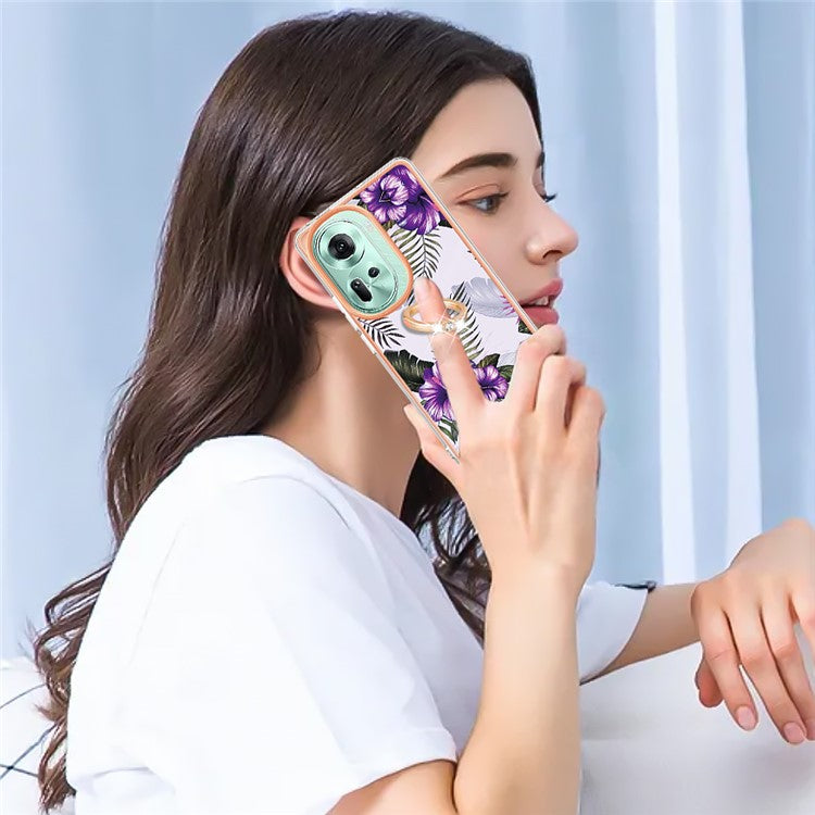 YB IMD Series-6 For Oppo Reno11 5G (Global) Case Electroplating Kickstand Soft TPU Phone Cover - Purple Flowers