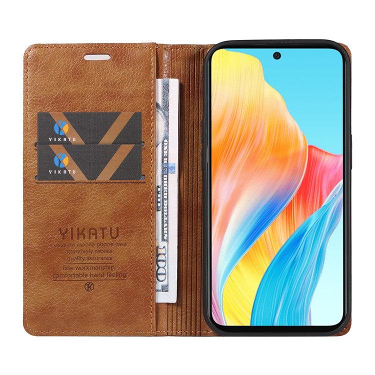 YIKATU YK-006 For Oppo A58 4G Leather Wallet Case Magnetic Closing Flip Phone Cover - Brown