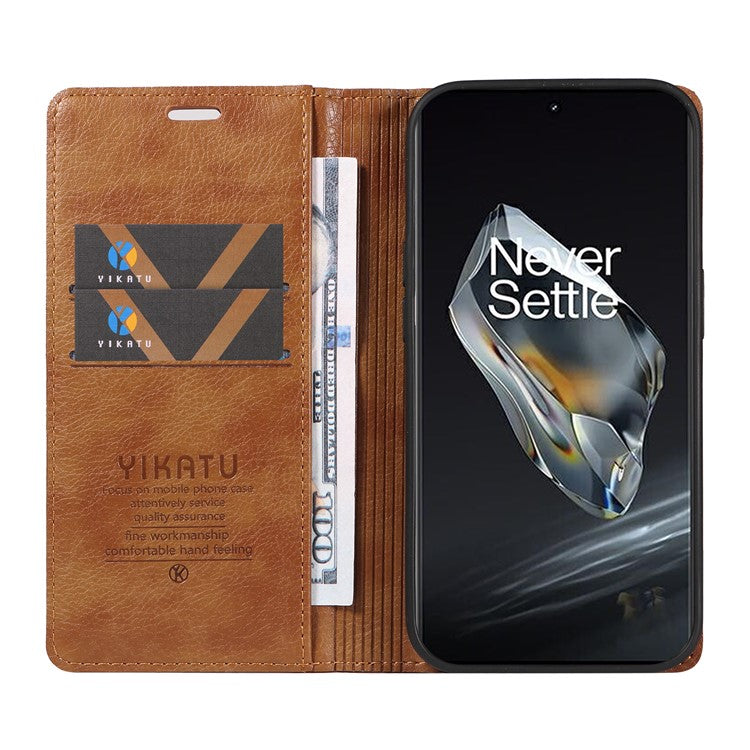 YIKATU YK-006 For OnePlus 12 5G Wallet Case Magnetic Closing Leather Phone Cover - Brown