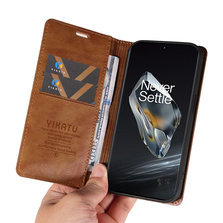 YIKATU YK-006 For OnePlus 12 5G Wallet Case Magnetic Closing Leather Phone Cover - Brown