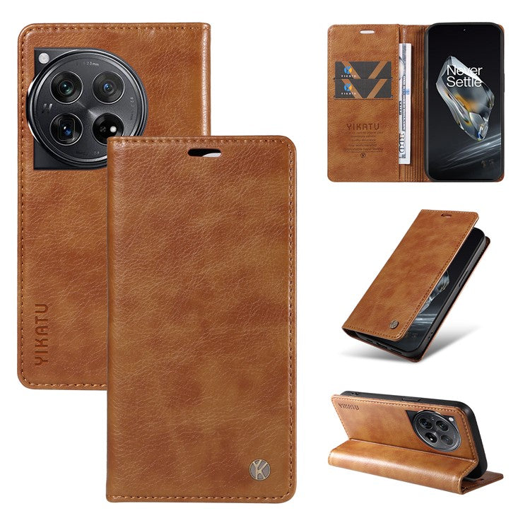 YIKATU YK-006 For OnePlus 12 5G Wallet Case Magnetic Closing Leather Phone Cover - Brown