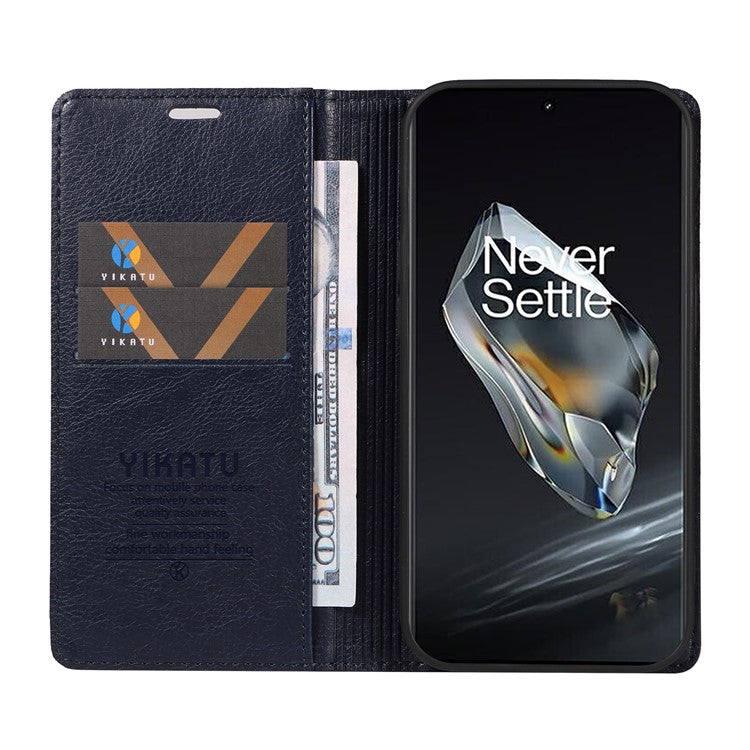 YIKATU YK-006 For OnePlus 12 5G Wallet Case Magnetic Closing Leather Phone Cover - Navy Blue