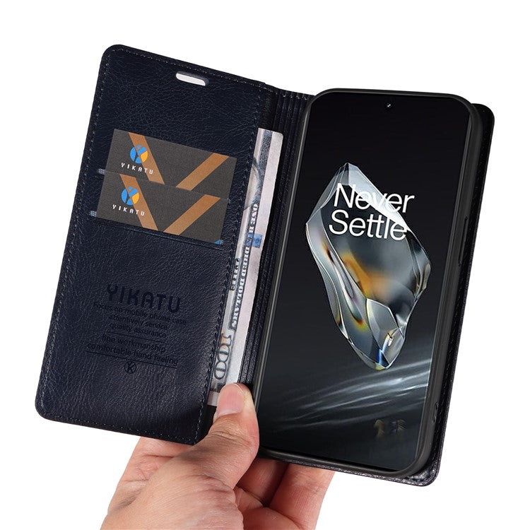 YIKATU YK-006 For OnePlus 12 5G Wallet Case Magnetic Closing Leather Phone Cover - Navy Blue