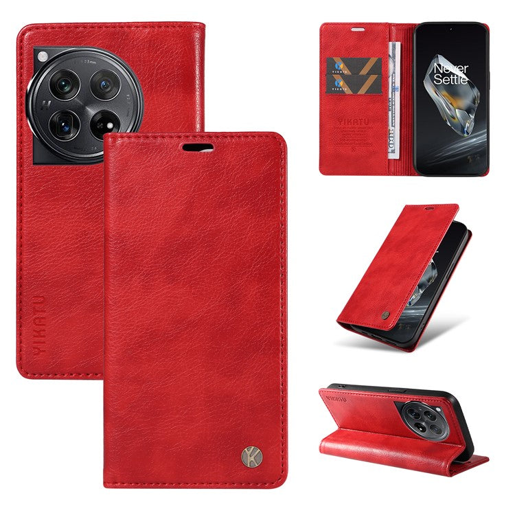YIKATU YK-006 For OnePlus 12 5G Wallet Case Magnetic Closing Leather Phone Cover - Red