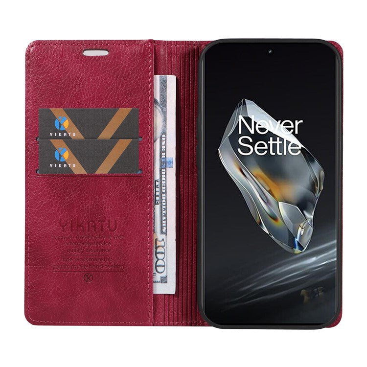 YIKATU YK-006 For OnePlus 12 5G Wallet Case Magnetic Closing Leather Phone Cover - Wine Red