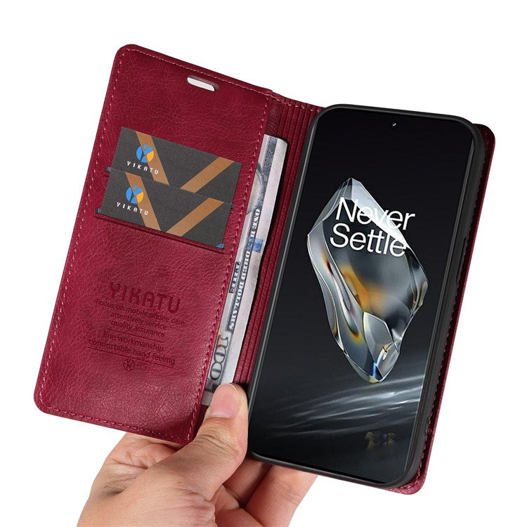 YIKATU YK-006 For OnePlus 12 5G Wallet Case Magnetic Closing Leather Phone Cover - Wine Red