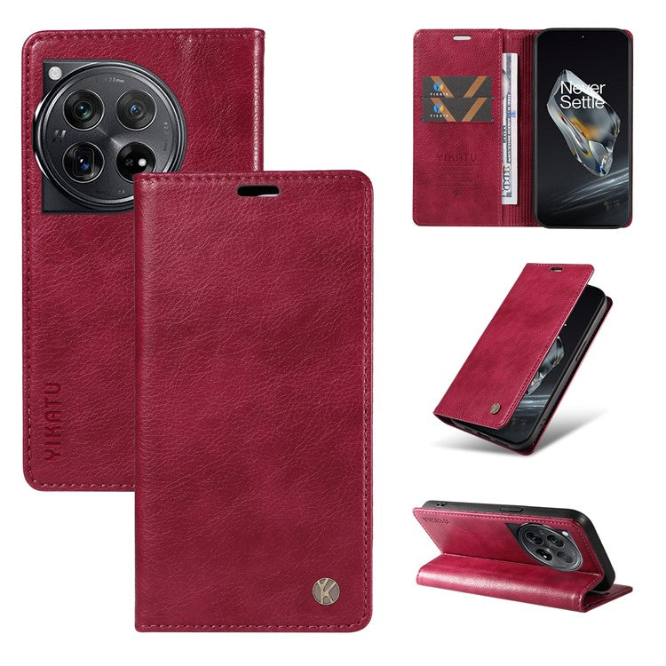 YIKATU YK-006 For OnePlus 12 5G Wallet Case Magnetic Closing Leather Phone Cover - Wine Red