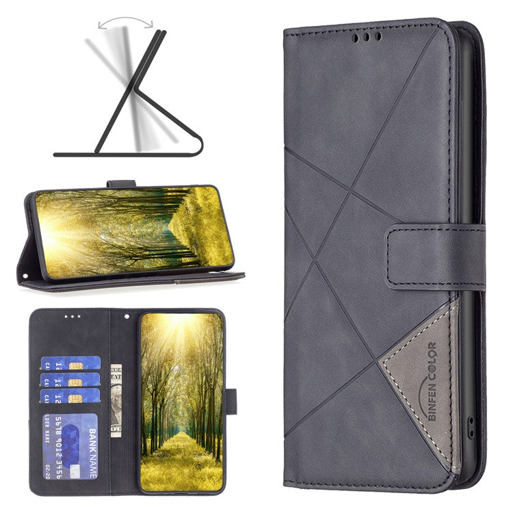BINFEN COLOR For Samsung Galaxy M55 5G / C55 5G / F55 5G Phone Cases Wallet Stand Geometry Imprinted Leather Cover - Black