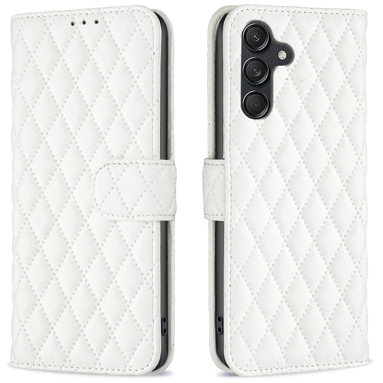 BINFEN COLOR BF Style-14 For Samsung Galaxy M55 5G / C55 5G / F55 5G Phone Case Rhombus Grid Wallet Leather Cover - White