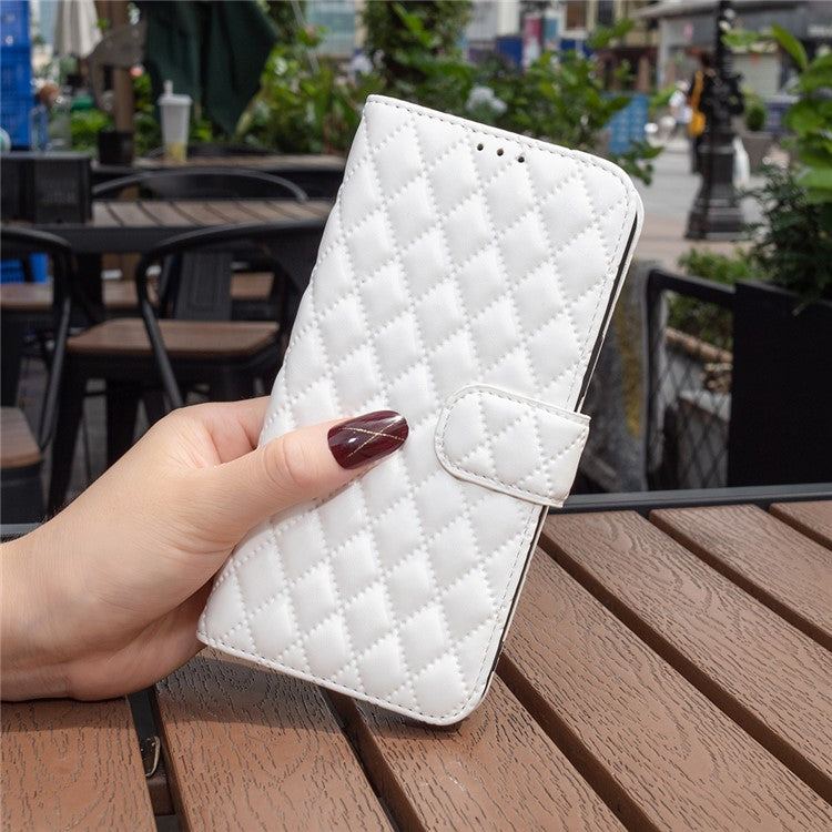 BINFEN COLOR BF Style-14 For Samsung Galaxy M55 5G / C55 5G / F55 5G Phone Case Rhombus Grid Wallet Leather Cover - White