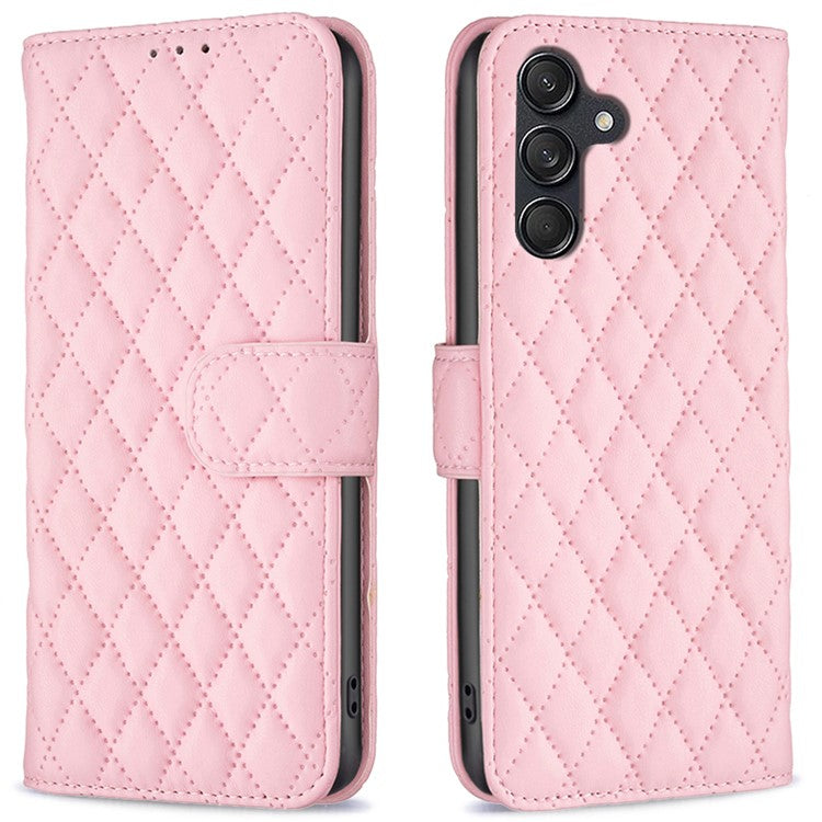 BINFEN COLOR BF Style-14 For Samsung Galaxy M55 5G / C55 5G / F55 5G Phone Case Rhombus Grid Wallet Leather Cover - Pink