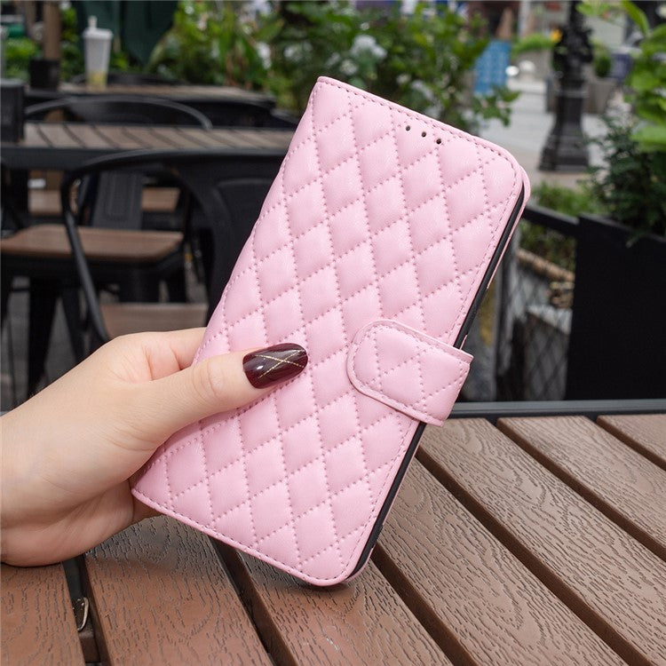 BINFEN COLOR BF Style-14 For Samsung Galaxy M55 5G / C55 5G / F55 5G Phone Case Rhombus Grid Wallet Leather Cover - Pink