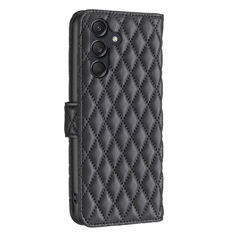 BINFEN COLOR BF Style-14 For Samsung Galaxy M55 5G / C55 5G / F55 5G Phone Case Rhombus Grid Wallet Leather Cover - Black