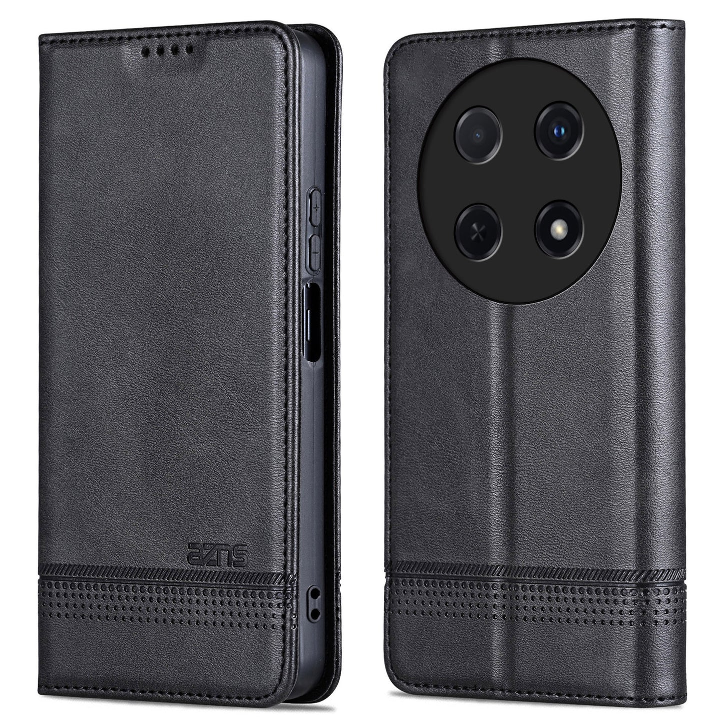 AZNS For Huawei nova 12i 4G / Enjoy 70 Pro Case Leather Cowhide Texture Wallet Phone Cover - Black