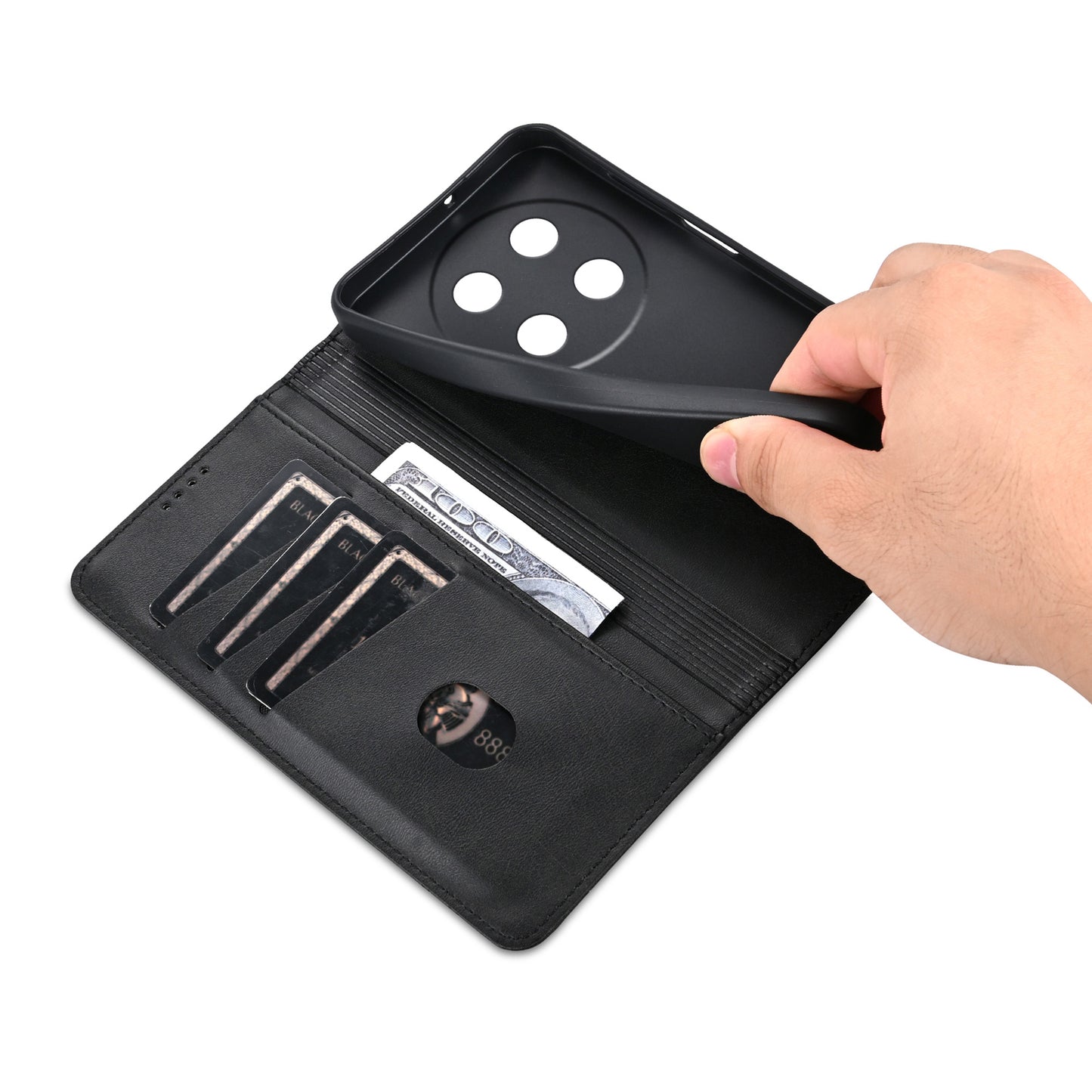 AZNS For Huawei nova 12i 4G / Enjoy 70 Pro Case Leather Cowhide Texture Wallet Phone Cover - Black