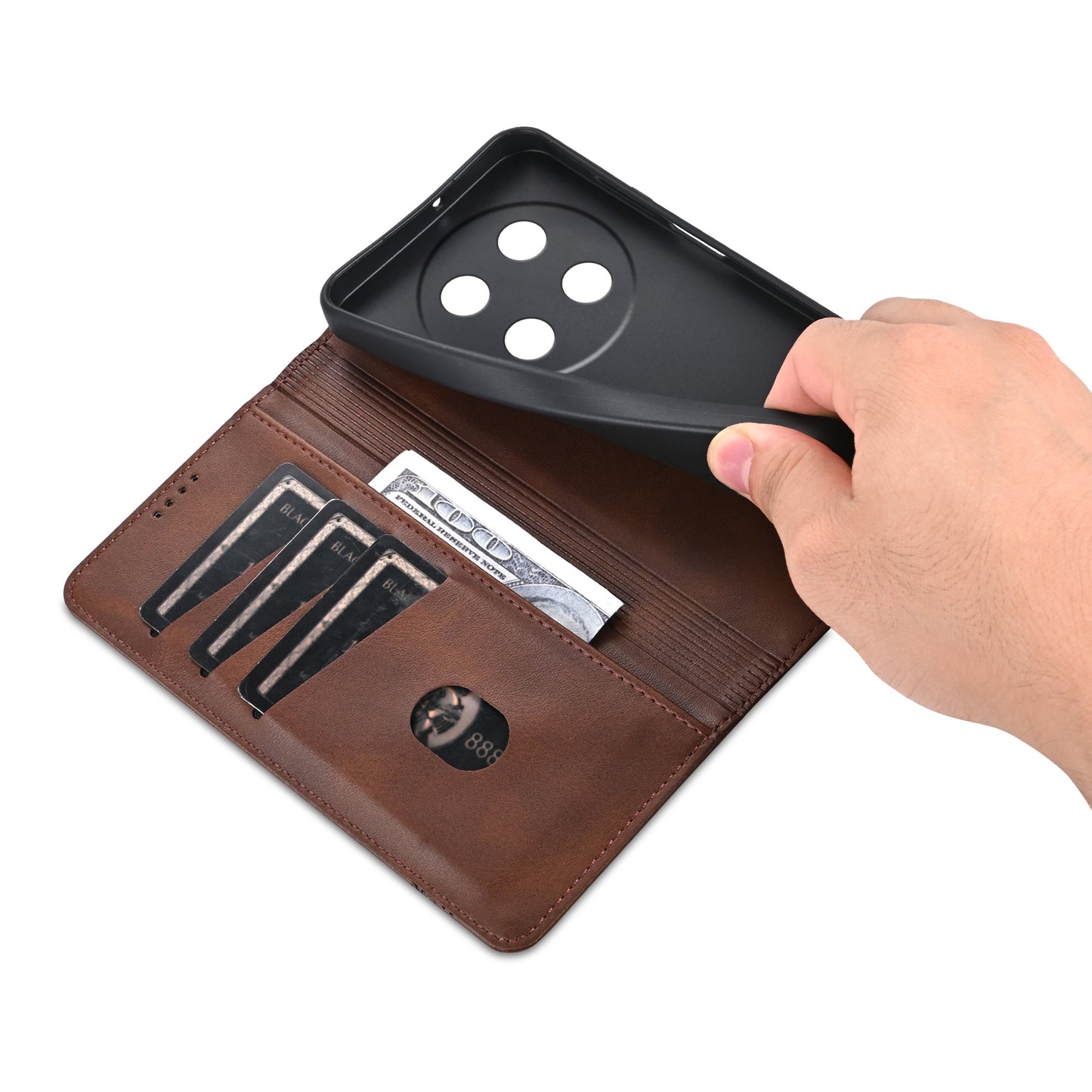 AZNS For Huawei nova 12i 4G / Enjoy 70 Pro Case Leather Cowhide Texture Wallet Phone Cover - Coffee