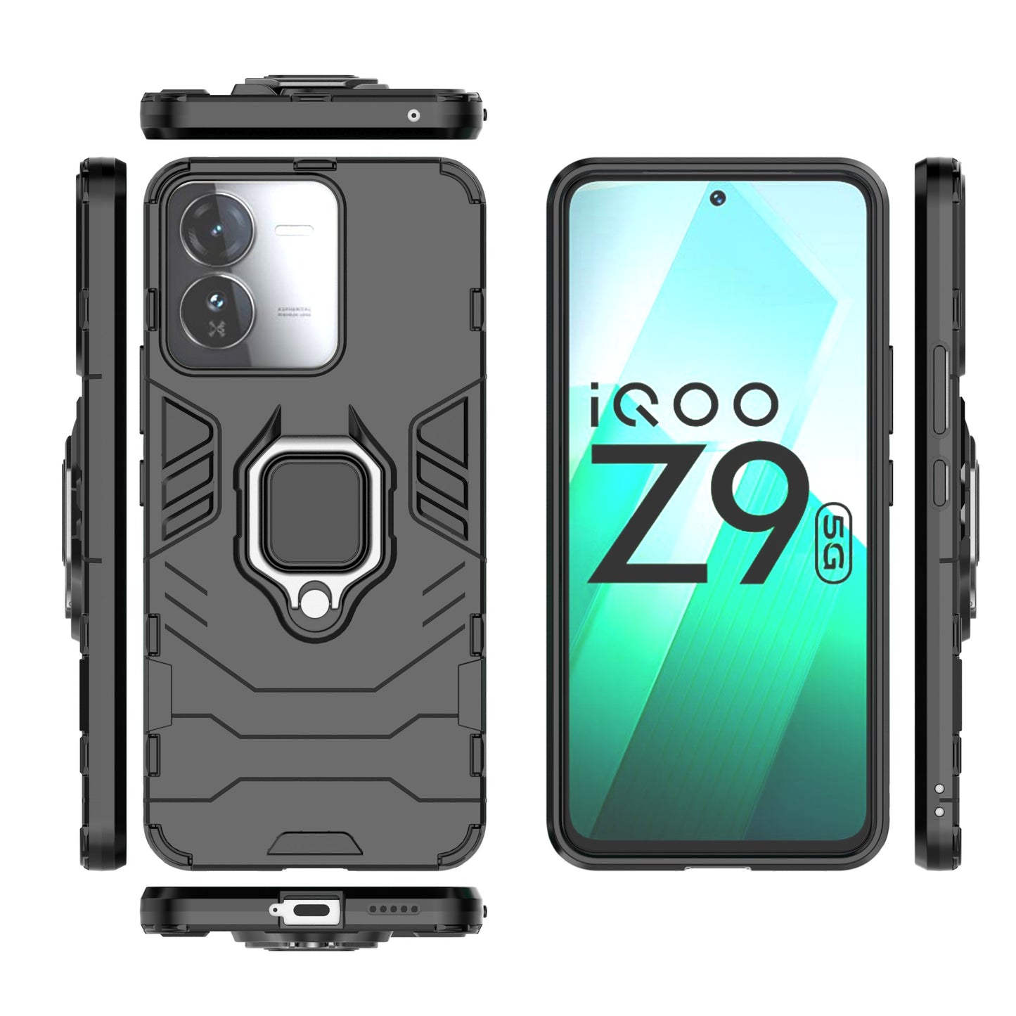 For vivo iQOO Z9 5G Kickstand Case PC+TPU Bump Proof Cell Phone Shell - Black