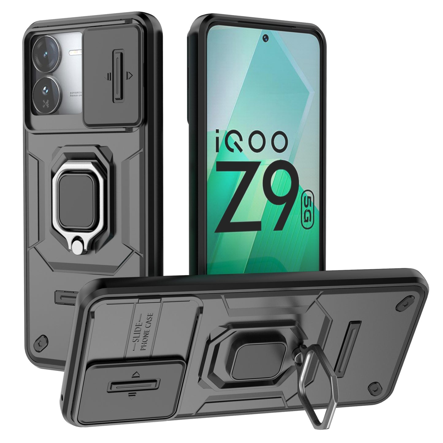 For vivo iQOO Z9 5G Camera Protection Case Kickstand Shockproof Rugged PC+TPU Phone Cover - Black