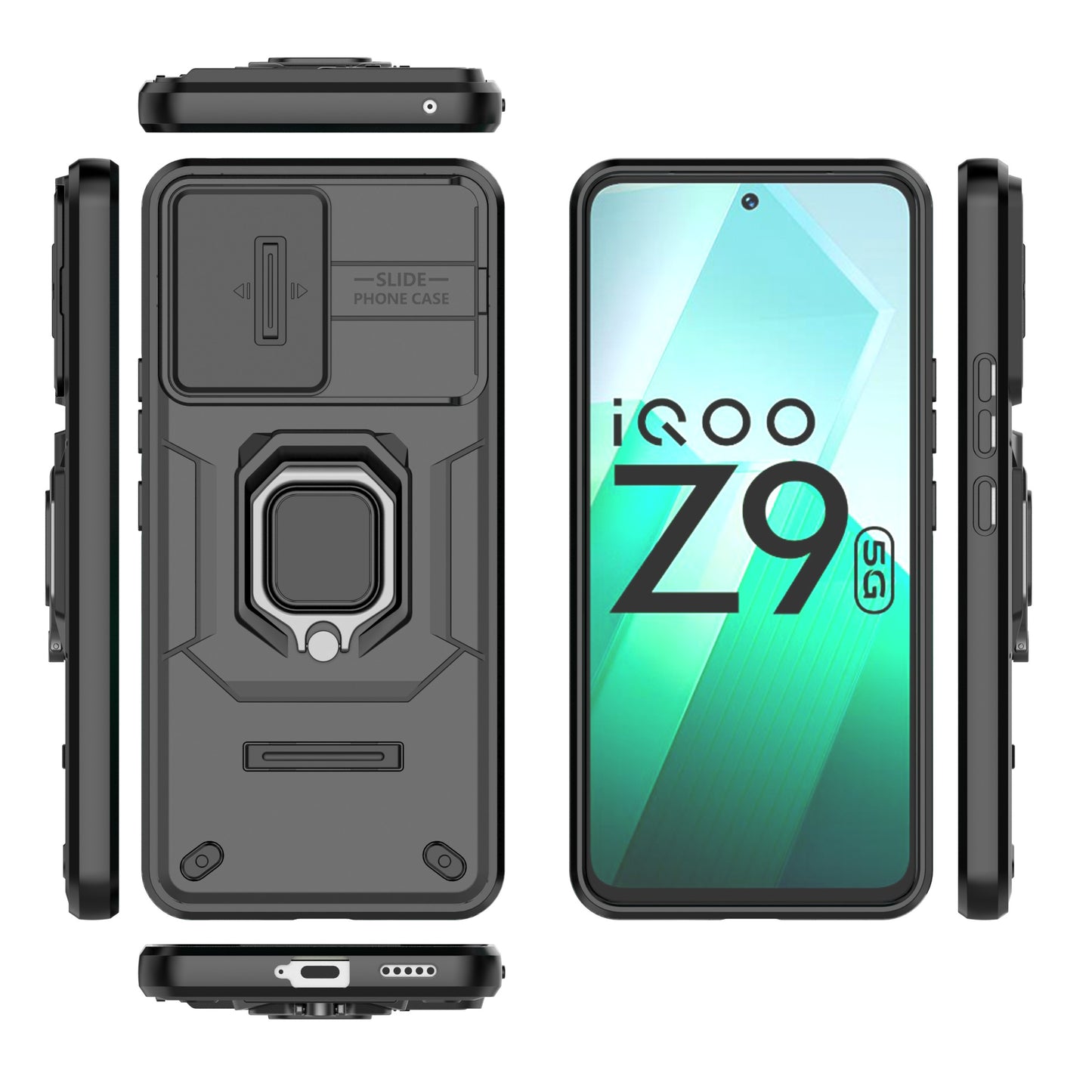For vivo iQOO Z9 5G Camera Protection Case Kickstand Shockproof Rugged PC+TPU Phone Cover - Black