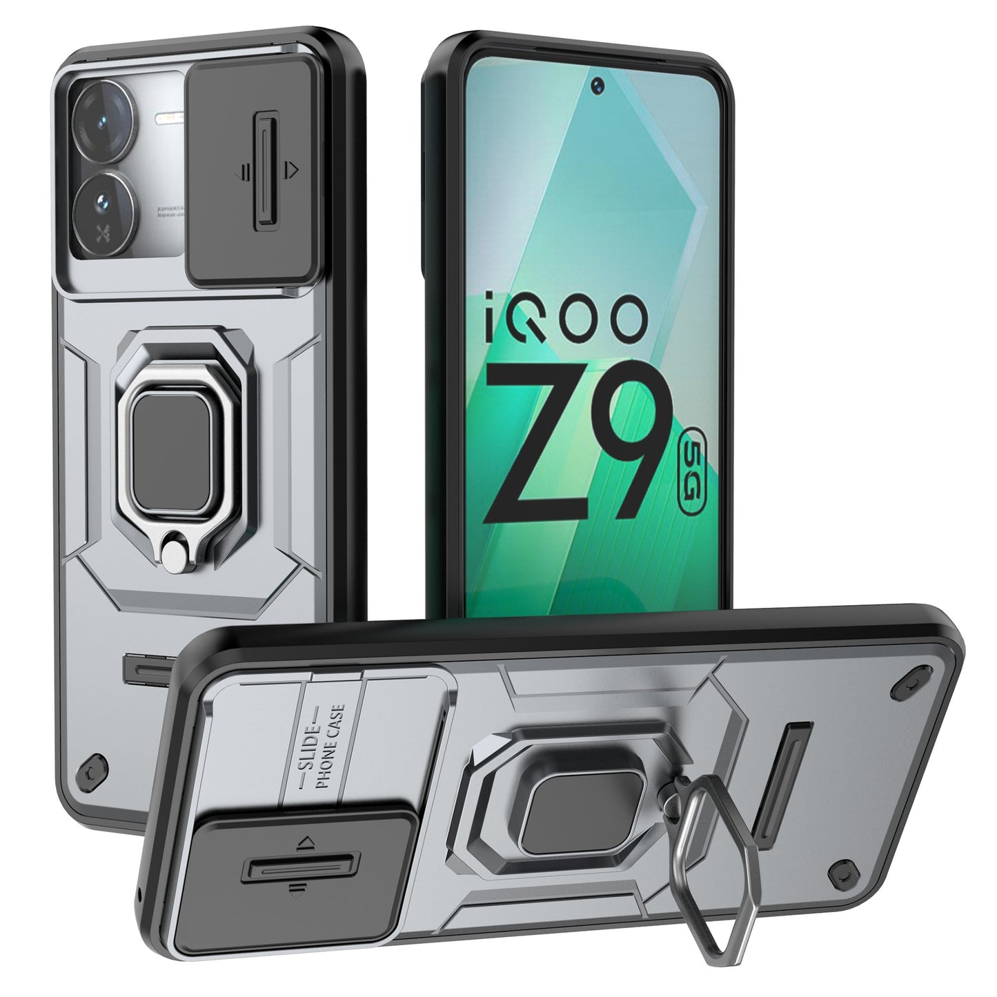 For vivo iQOO Z9 5G Camera Protection Case Kickstand Shockproof Rugged PC+TPU Phone Cover - Grey
