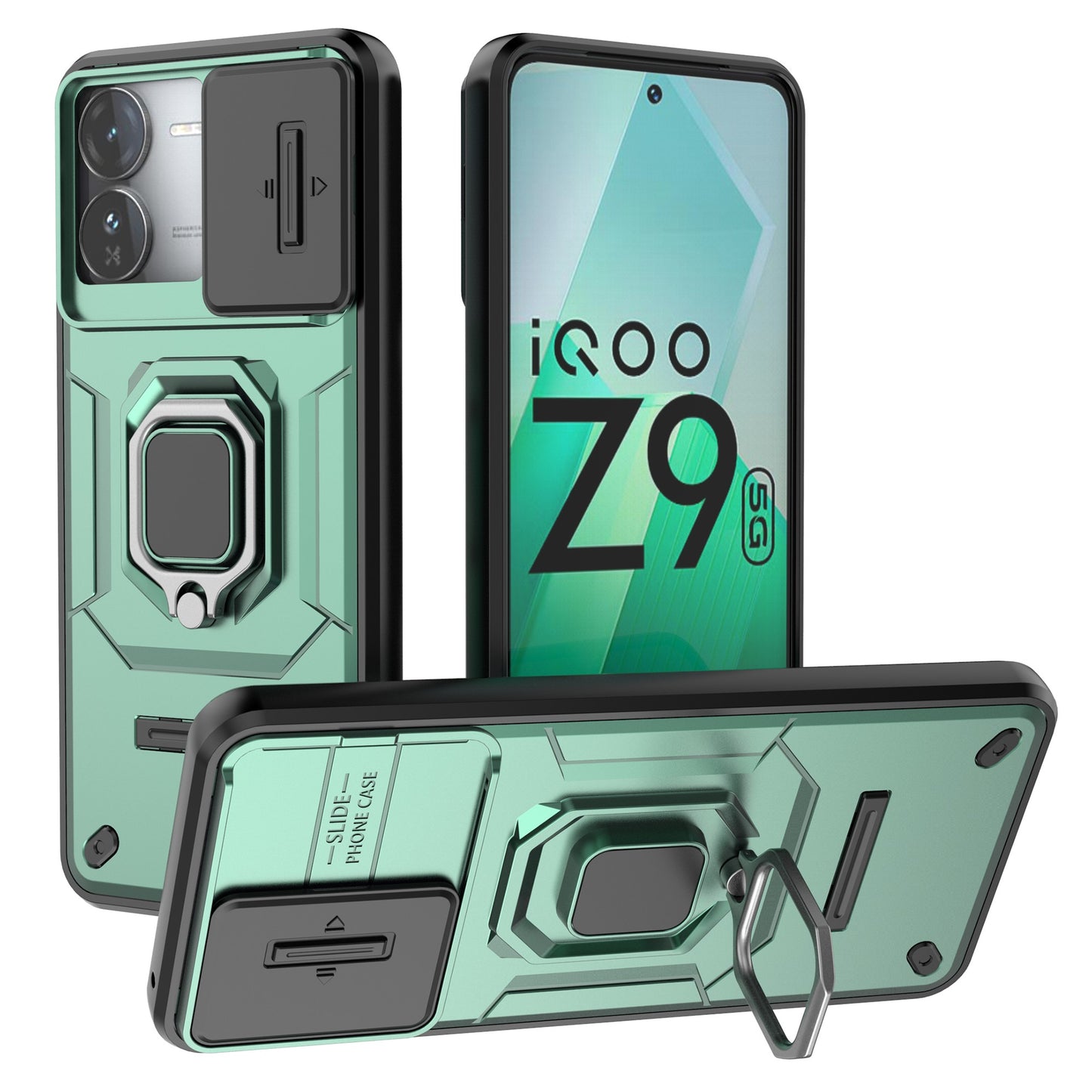 For vivo iQOO Z9 5G Camera Protection Case Kickstand Shockproof Rugged PC+TPU Phone Cover - Green