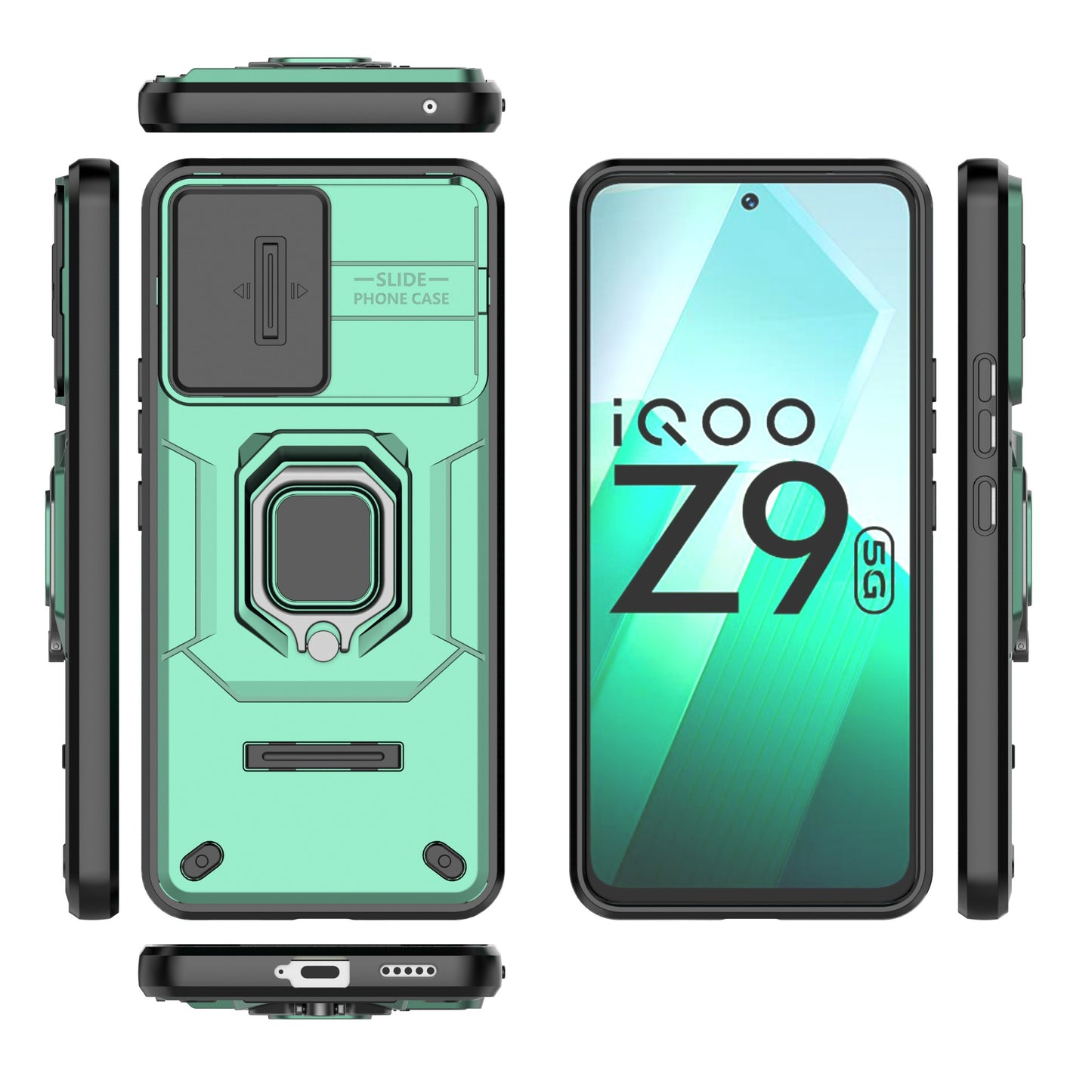 For vivo iQOO Z9 5G Camera Protection Case Kickstand Shockproof Rugged PC+TPU Phone Cover - Green
