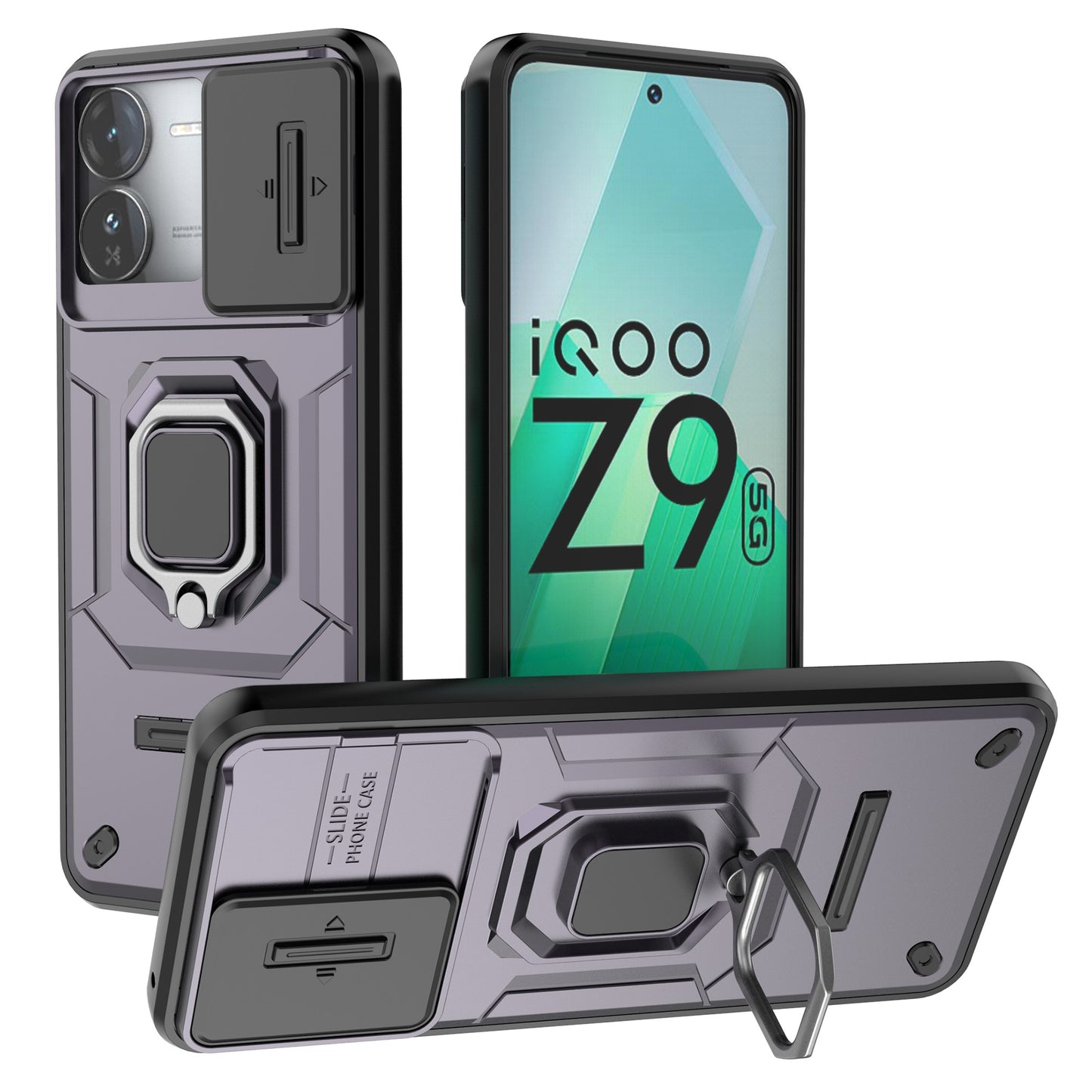 For vivo iQOO Z9 5G Camera Protection Case Kickstand Shockproof Rugged PC+TPU Phone Cover - Purple