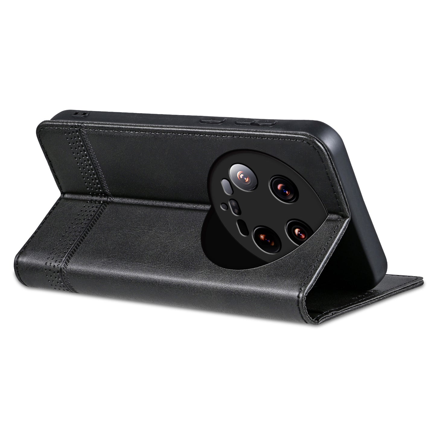 AZNS For Xiaomi 14 Ultra Leather Case Cowhide Texture Stand Wallet Phone Cover - Black