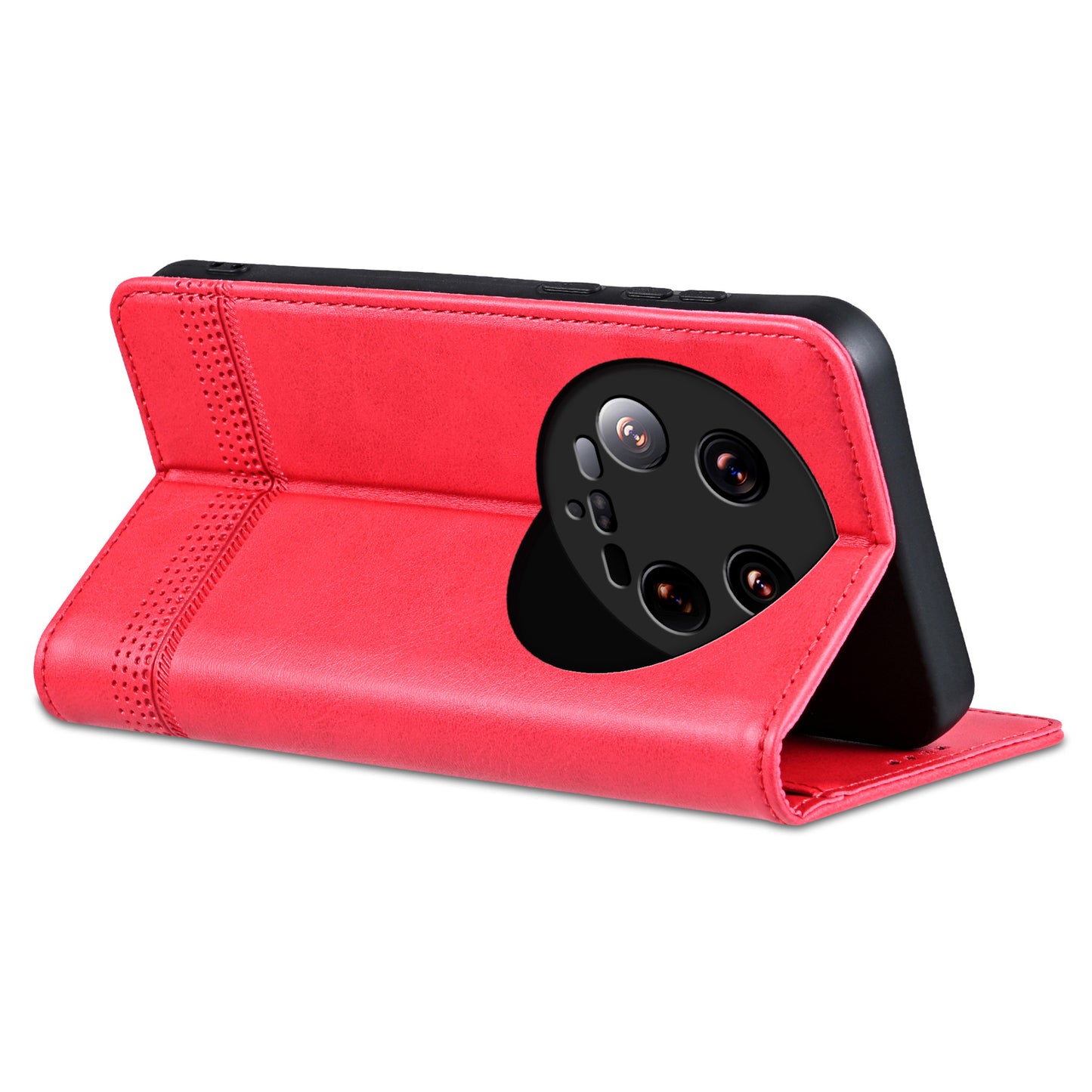 AZNS For Xiaomi 14 Ultra Leather Case Cowhide Texture Stand Wallet Phone Cover - Red
