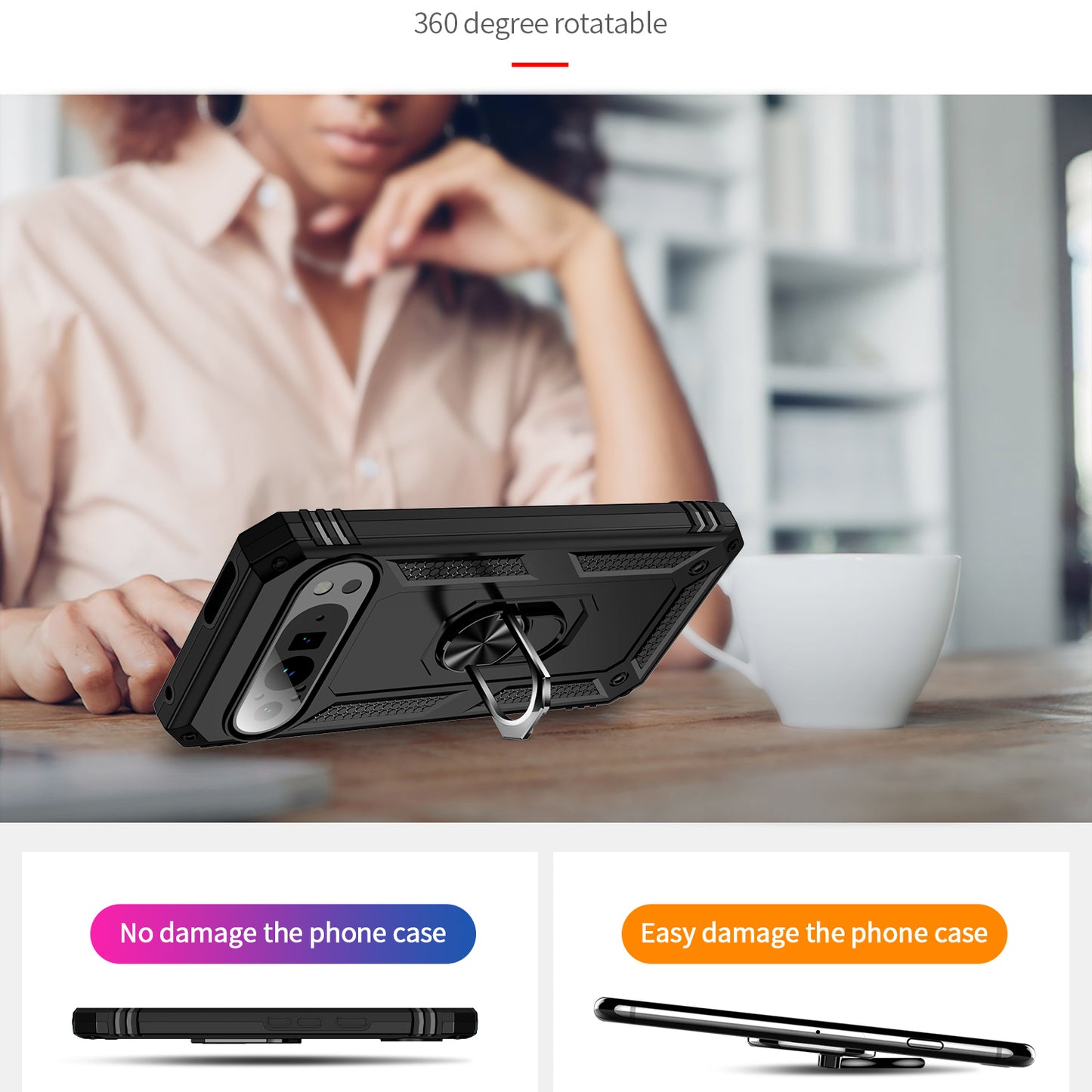 For Google Pixel 9 Pro Case Shockproof Kickstand PC+TPU Phone Cover - Black