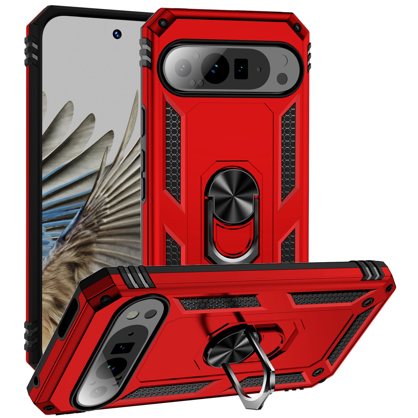 For Google Pixel 9 Pro Case Shockproof Kickstand PC+TPU Phone Cover - Red